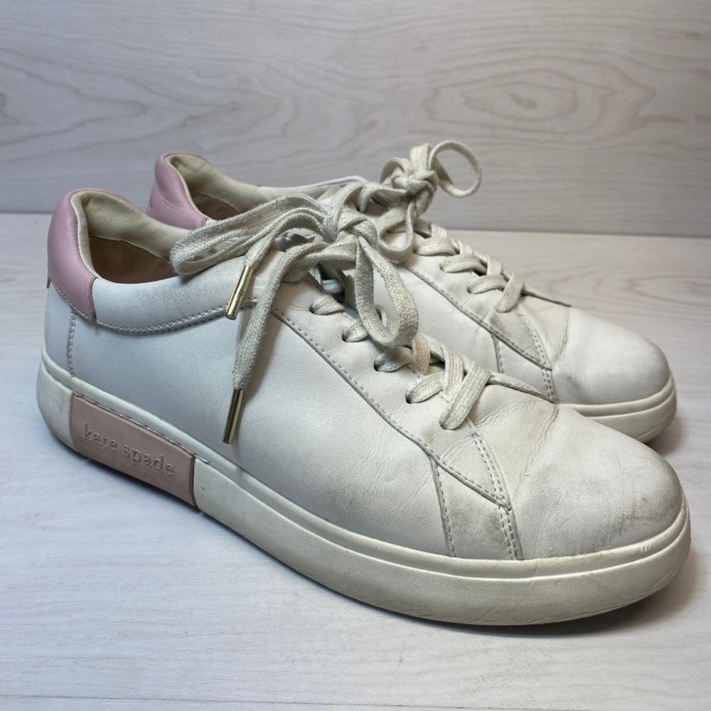 Kate Spade Womens 10B Lift Sneaker Fashion White Pink Leather Spade Logo Casual